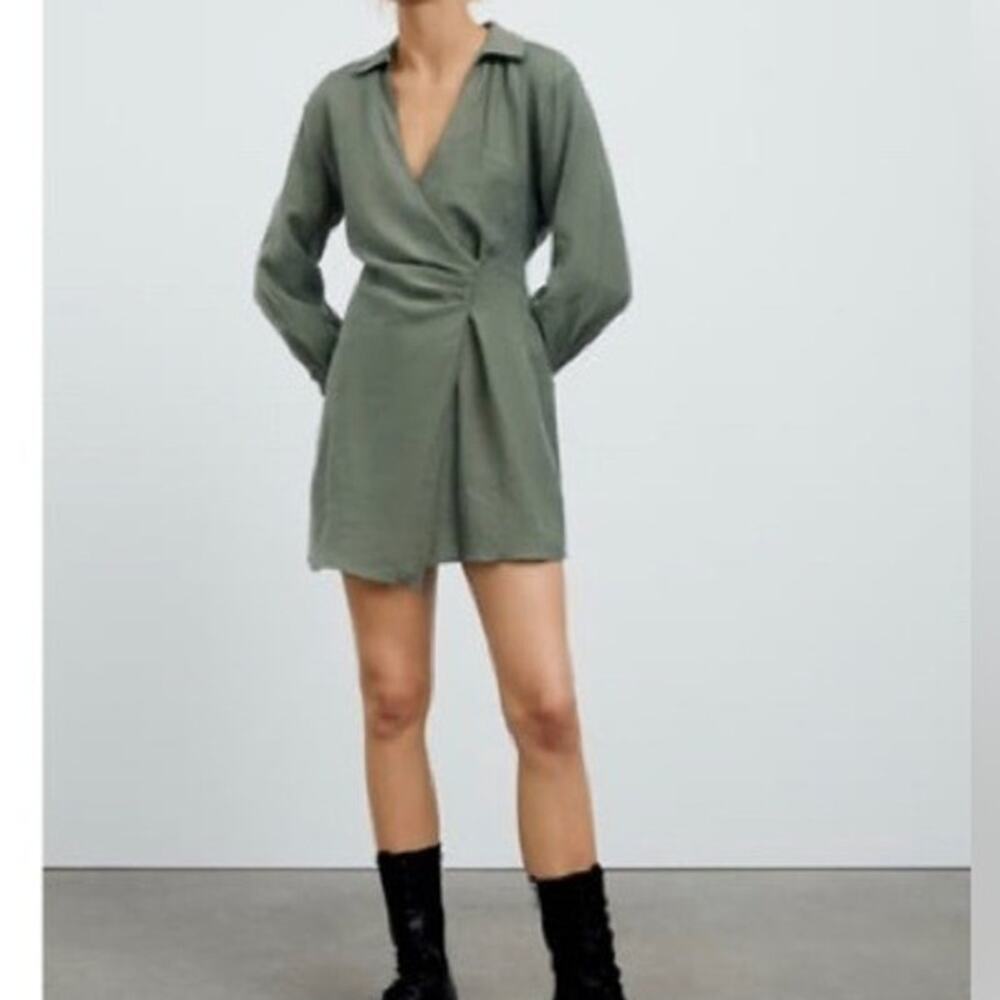 Zara Long Sleeve Tunic Wrap Style Mini Dress Collard V Neck Button M Olive Green